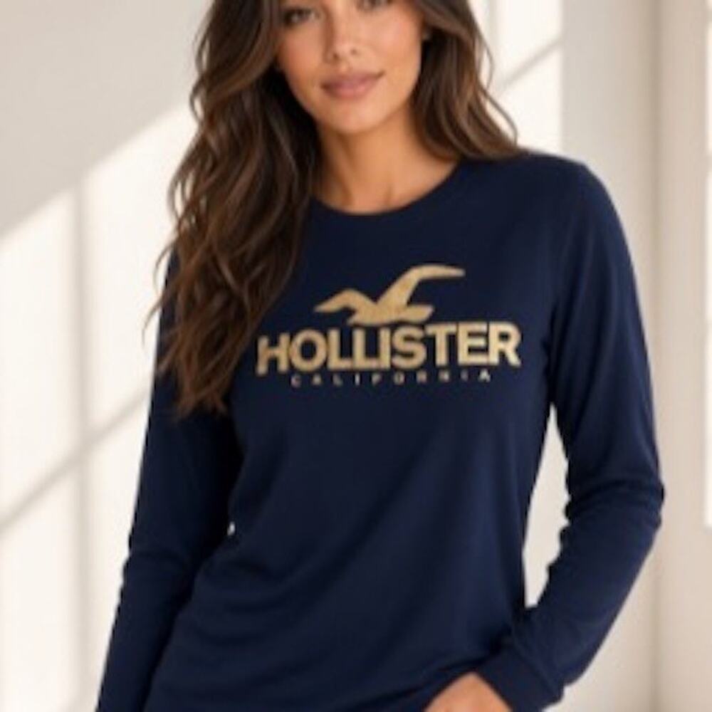 Hollister Black/Gold Spell Out Logo Long Sleeve T-Shirt - XS